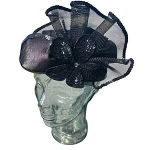 Mr Hi's Classic Black Pillbox Hat Sequin Flower Mesh Fascinator Derby Church Hat